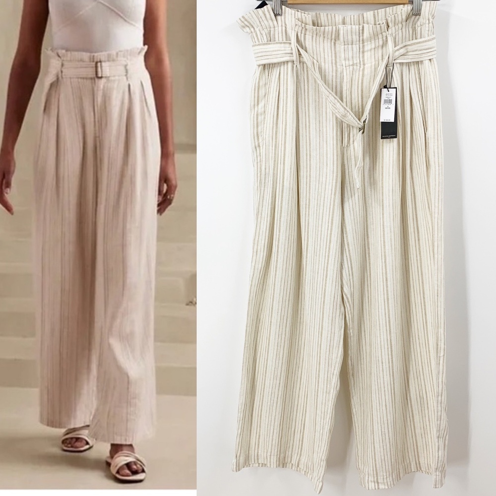 Banana Republic Wide Leg Paperbag High Rise Striped Linen Blend Sz 4 Petite